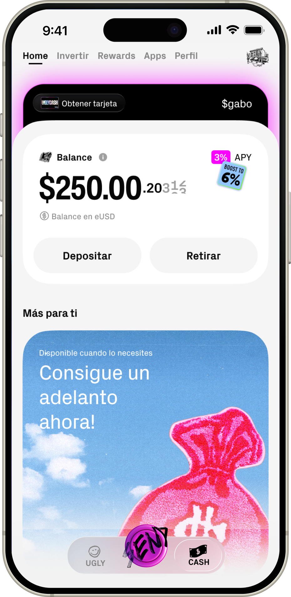 Home de UGLYCASH con balance y banner de Adelantos