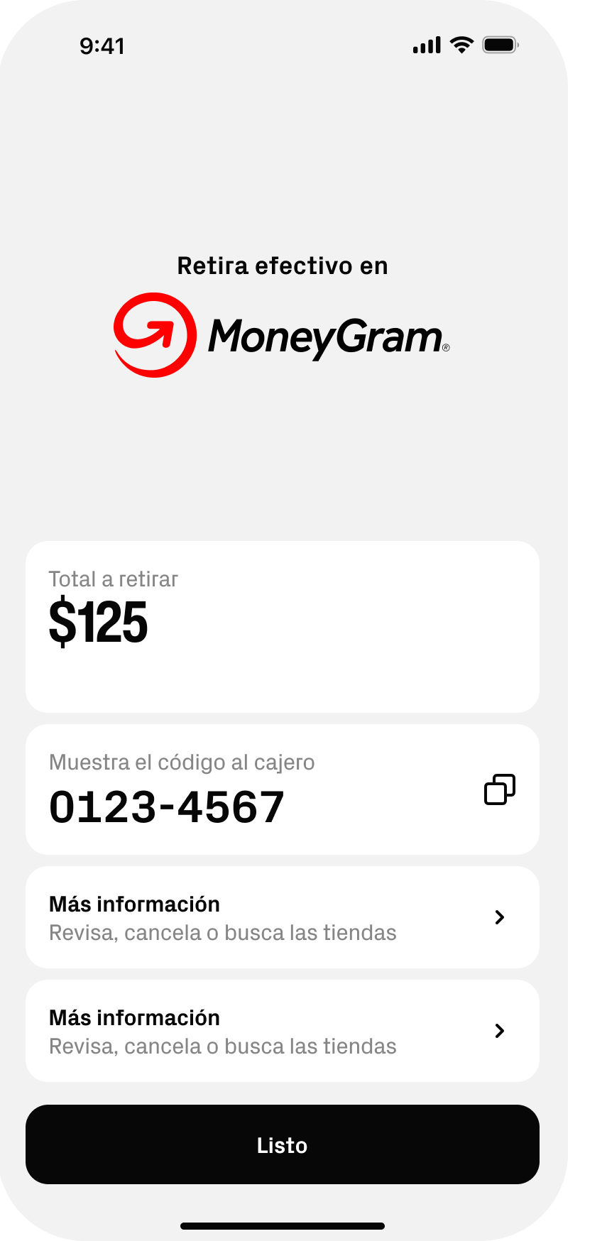 Retiro de efectivo con MoneyGram en la app
